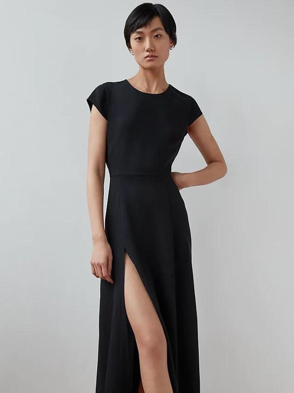 Babaton Hamptons Black Midi Dress with Side Slit and Open Back detail